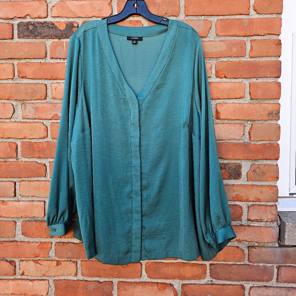 New Alfani V-Neck Dusty Green Long Sleeve Satin Blouse (3XL)